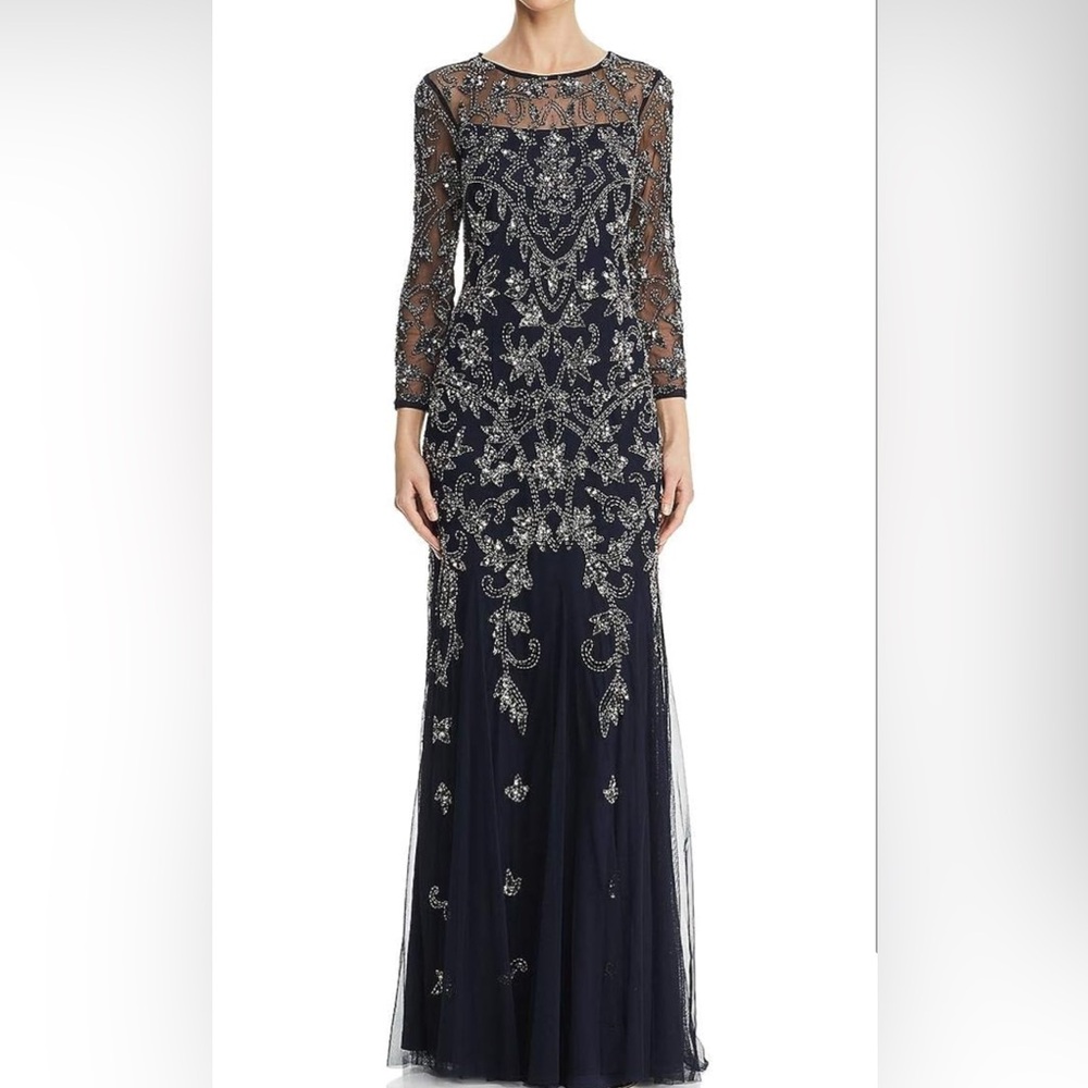 Adriannna Papell Long Sleeve Bead Dress Navy Size 6 NWT